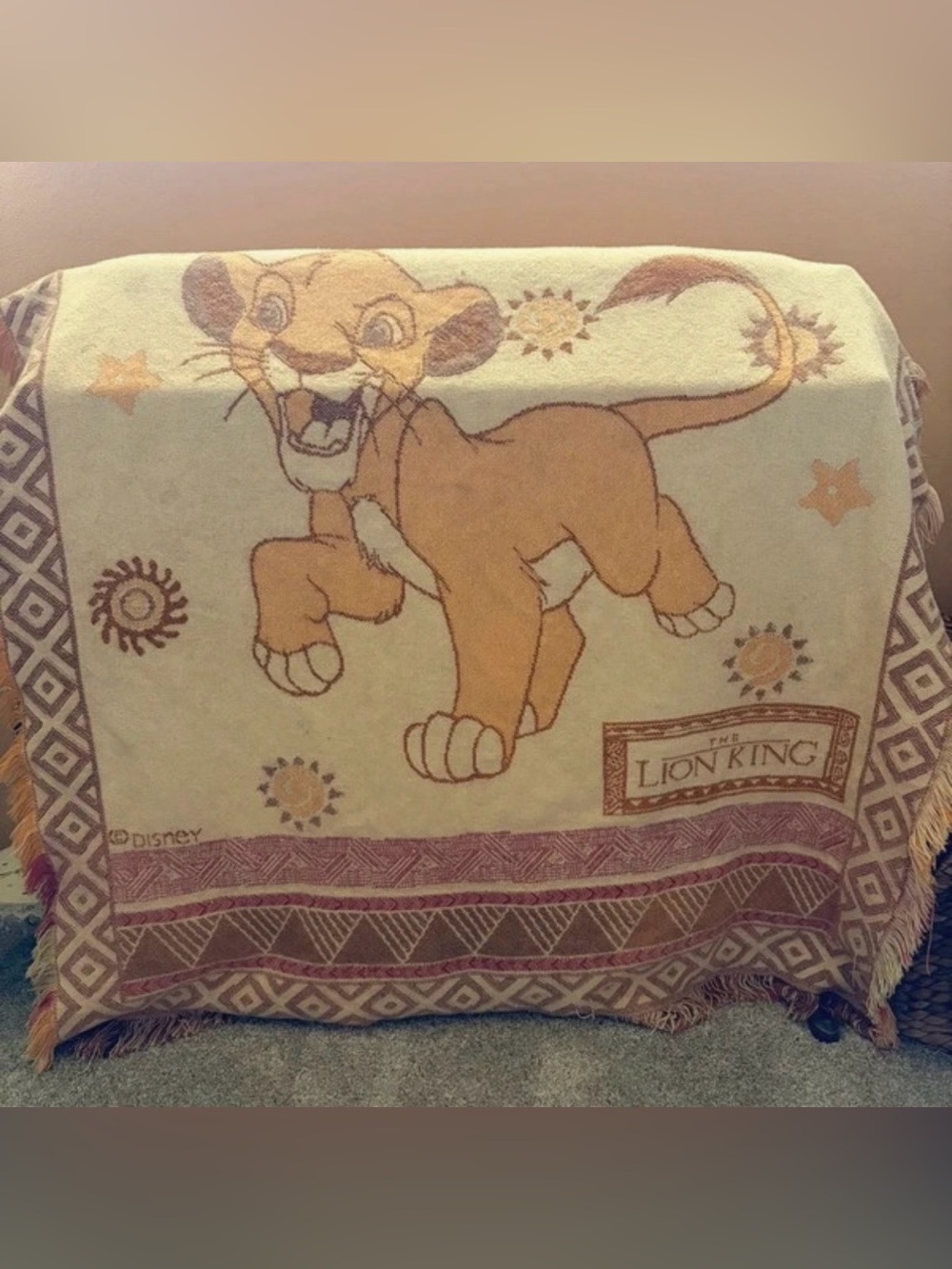 Vintage 1990s Disney The Lion King Simba Woven Tapestry Throw Blanket Fringe